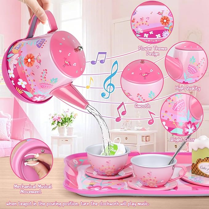 Tea Party Set for Toddles 3-5,PRE-WORLD Musical Kids Tea Set for Little Girls with Dessert,Cookies,Doughnut,Cake,Cake Stand,Tablecloth & Carrying Case,Kitchen Pretend Play Toys for Girls Boys Age 3-6
