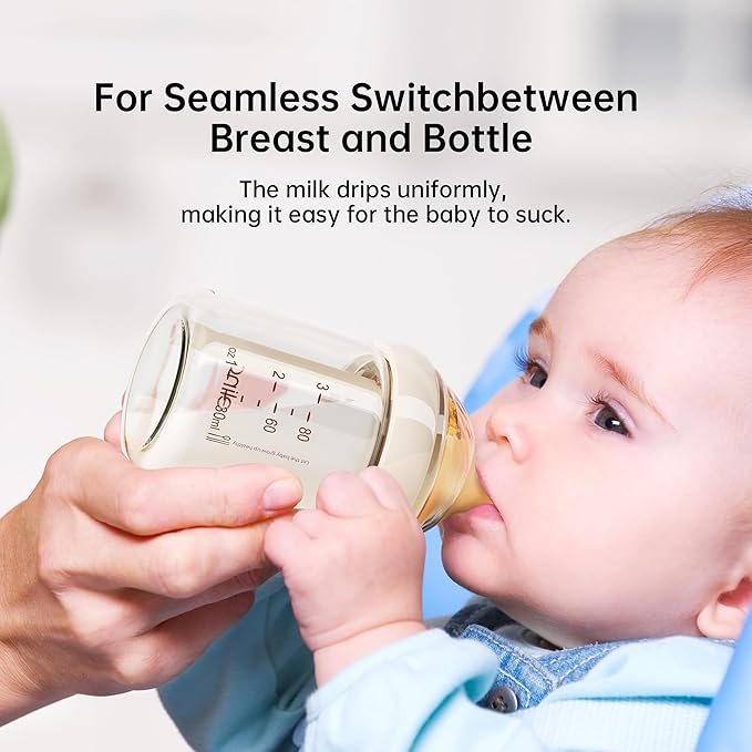 Natural Nursing Glass Baby Bottle - with Anti-Colic Vent System - BPA-Free, 2.7 oz/80ml with Slow Flow Nipple, 0-6 Months, 2 Pack (Includes 4pcs Nipples)