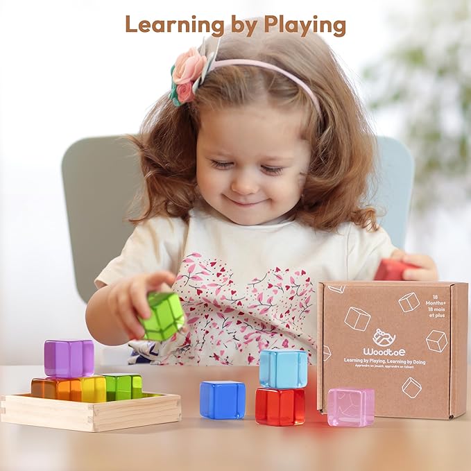 Woodtoe Large Building Blocks for Toddlers, 18 Month Old Toys, Montessori Toys for 1.5 2 3 4 Year Old Boys Girls, Big Rainbow Acrylic Blocks Set, Educational Toys STEM Sensory Gifts for Kids Age 2-4