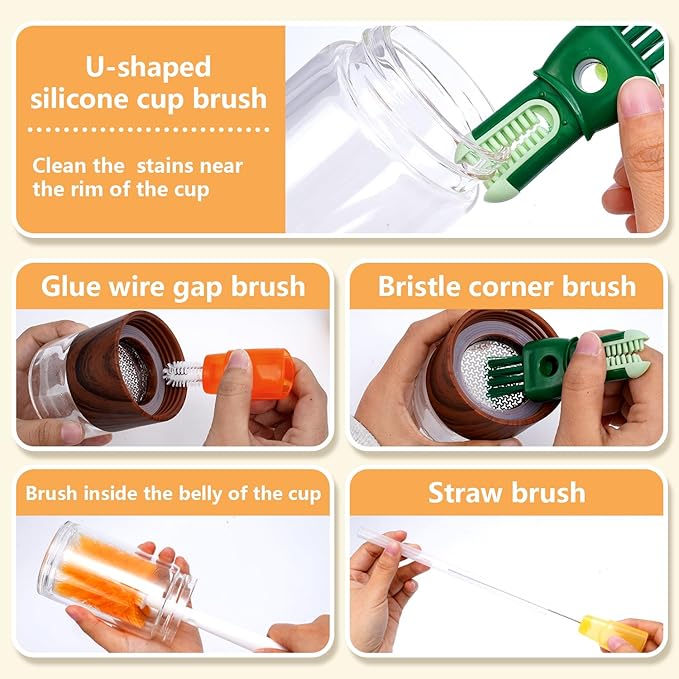 Multifunctional 5-in-1Cleaning Brushes for Household use Detachable Long Handle Cup Brush+ 2 Hooks,Applicable to Bottle Brush Cleaner, Straw Cleaner Brush,Detail Brush for Cup Lid Gap