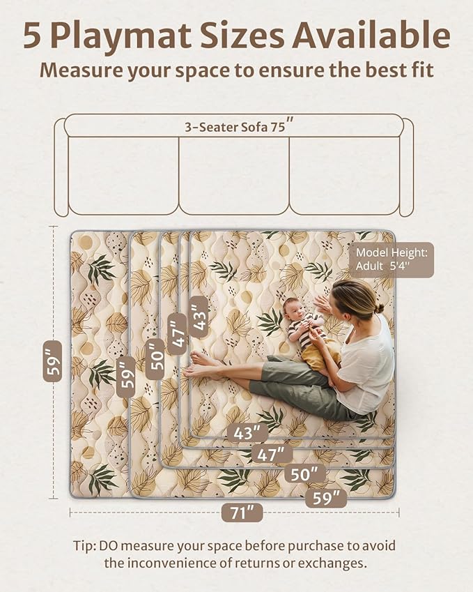 Blissful Diary Baby Play Mat, 59x59 Thick and Larger Soft Cushioned Foam Mat for Floor, Non-Slip Washable Playmat for Toddlers, Earth Tones Design