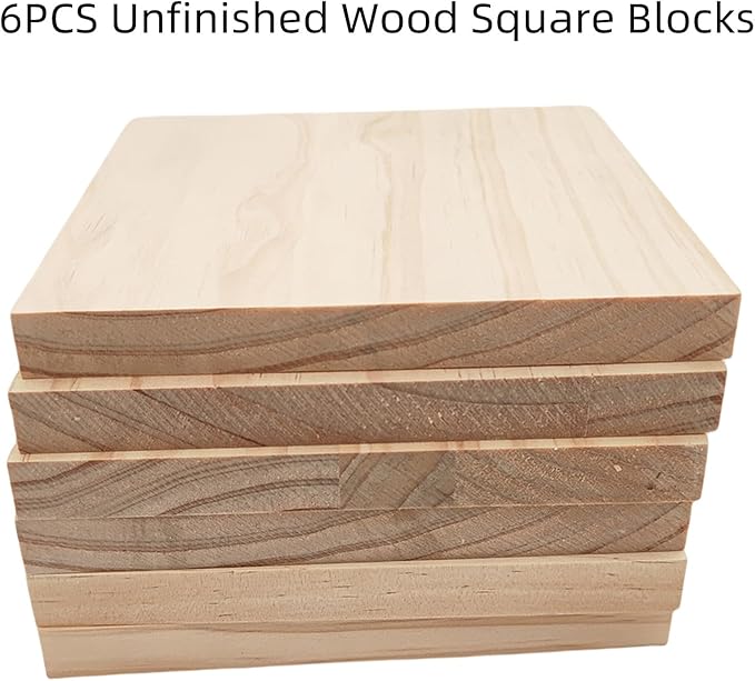 6PCS Unfinished Wood Square Blocks for Crafts, 6x6x0.6in Blank Wooden Squares Pine Wood Boards for Wood Carving,DIY Wood Coasters,Painting & Burning