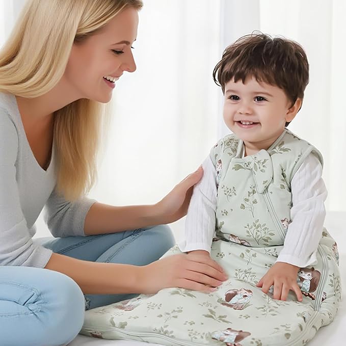 Mosebears Unisex Rayon Made from Bamboo Sleep Sack with 2-Way Zipper,2.5 Tog Baby Winter Sleep Sack(Green Animal,0-6 Months)