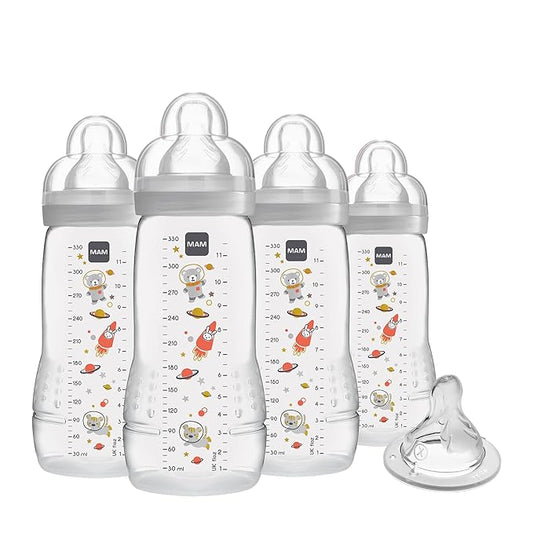 MAM Easy Active Baby Bottles 11 oz with Bonus Nipple, Fast Flow Skinsoft Silicone Nipple with Wide Neck Ergonomic Design, Easy to Hold, BPA-Free Bottles with Leak-Proof Caps for 4+ Months Baby, Unisex