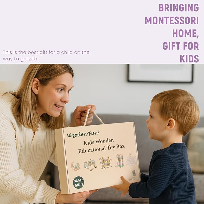 Wooden Toys for Kids, 5 in 1 Learning Educational Set (Includes Rainbow Stacker, Hammering Pounding, Race Track, Tumbling Tower Blocks, Alphabet Writing)- Gift for Boys Girls