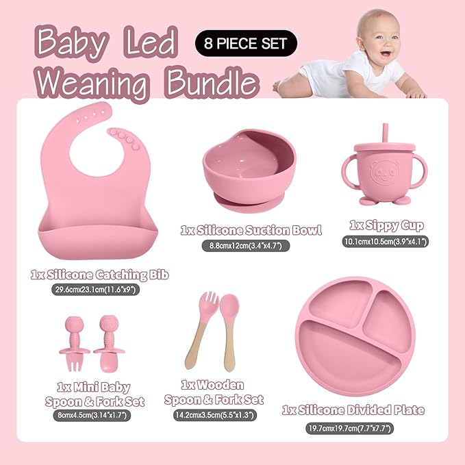 Baby Led Weaning Supplies, 8 Piece BPA-Free Silicone Feeding Set, Silicone Suction Bowl, Forks & Spoons, Bib & Cup, Develops Self Feeding Skills, Dishwasher Safe, for 6+ Months (Pink)
