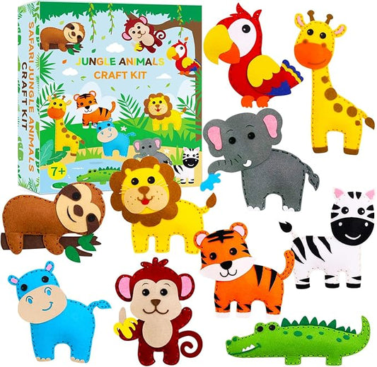 FYXGZZH Kids Beginner Sewing Kit – DIY Stuffed Craft Set with Pre-Cut Felt, Plastic Needle & Embroidery Thread, Educational Arts & Crafts for Boys & Girls Ages 6-12, Jungle Animal