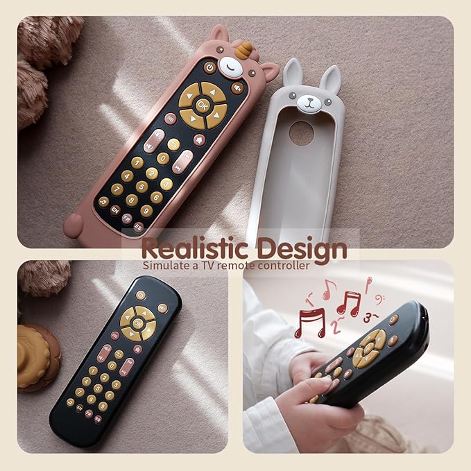 Nueplay Baby TV Remote Control Toy with Silicone Teether Cover, Toddler Realistic Controller, Early Number Learning in 3 Languages (English, Spanish & French), Preschool Girls Toys 6, 12, 18 Months