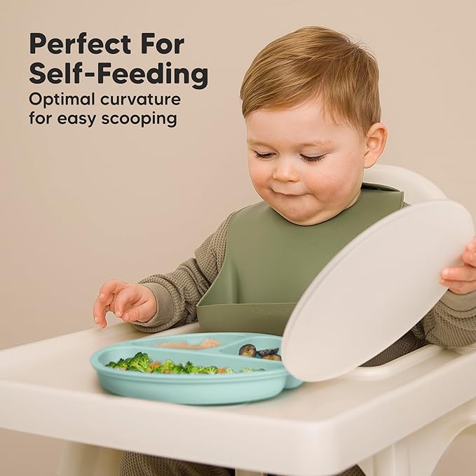 KeaBabies Suction Plates with Lids for Baby - 3-Pack 100% Silicone Toddler Plates with Suction, Divided, BPA-Free Baby Led Weaning Essentials for Kids, Dishwasher, Microwave Safe, Durable (Amaze)