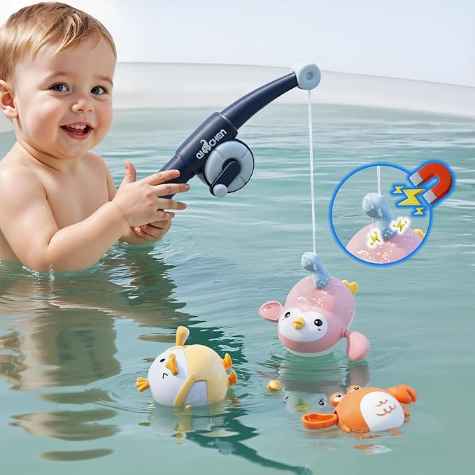 5PCS Baby Bath Toys Cute Pull String Bathtub Toy with Pull & Go Swimming Toys Magnetic Fishing Games Kids Wind-up Floating Water Bathtub Toy
