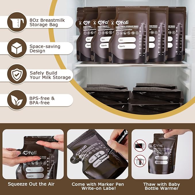 FATI Breastmilk Storage Bags-120 Pcs, 8Oz Blackout Breast Milk Storing Bag with Pour Spout for Baby Bottle Feeding, Breast Pump, No-Leak Milk Freezer Storage Pouches Self-Standing, Baby Essentials