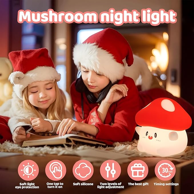 Mushroom Night Light,LED Cute Silicone Squishy Lamp Rechargeable Nursery Nightlight with 2 Level Dimmable Bedside Touch Lamp for Bedroom Kids Room Mushroom Decor Gifts