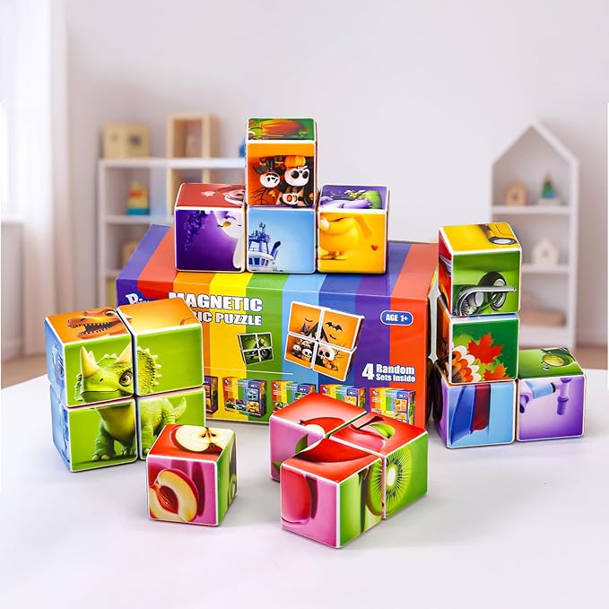 Random 4 Sets of Magnetic Blocks for Toddlers, 4 Packs Total 16 PCS & 24 Patterns, Magnetic Puzzles for Kids 1-3, Preschool Learning Classroom Must Haves Puzzle Toys