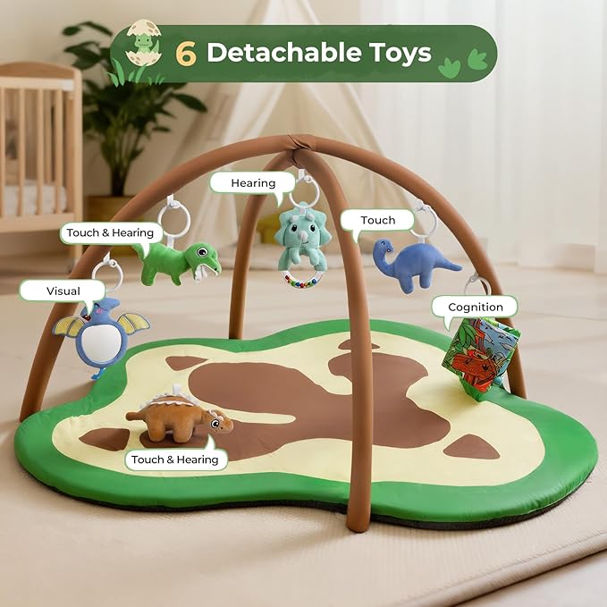 Baby Gym Play Mat, Oversize Dinosaur Claws Shaped Tummy Time Mat with 6 Detachable Baby Activity Toys, Baby Play Mat Promote Motor Skills & Sensory Development, Newborn Infant Essentials Gift