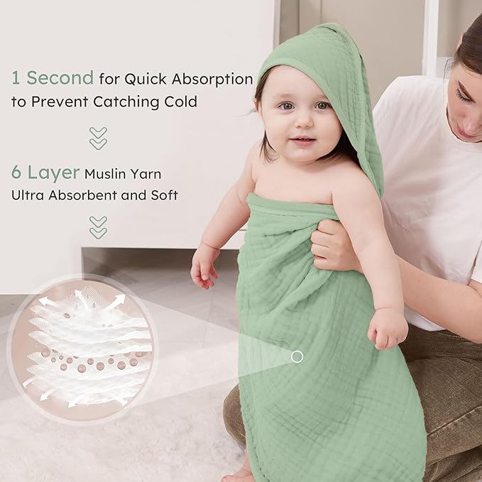 Looxii Baby Bath Towels 2 Pack Muslin Hooded Baby Towels for Newborn and Infants, 100% Cotton, Large 32x32Inch, Soft and Absorbent Blue+Green