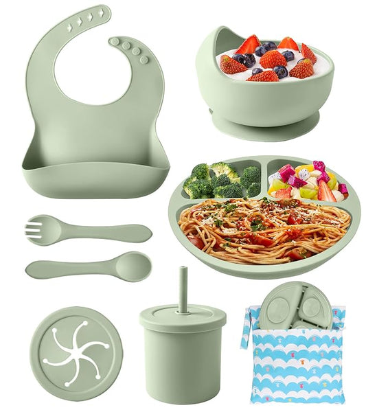 Silicone Baby Feeding Set, 10 Pcs Baby Led Weaning Supplies Baby Eating Essentials Set with Suction Bowl Divided Plate Adjustable Bib Soft Spoon Fork Cup with Lid Drinking Cup, Travel Bag (Green)