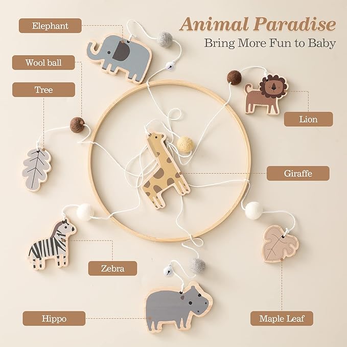 Baby Mobile for Crib, Crib Nursery Mobile for Boys Girls, Boho Animals Nursery Decor Soothe Toy Baby Shower Set for Infant Bedroom Hanging Decoration Toy