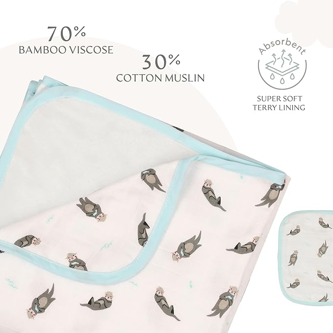 Bamboo Viscose Baby Hooded Towel & Washcloth Set for Babies and Toddlers, Soft & Absorbent, 70% Viscose from Bamboo, 30% Cotton Muslin - Imported (Otter)