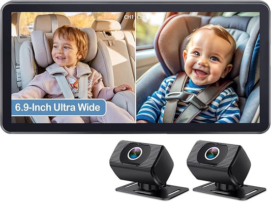 2-Kids Baby Car Camera for Seat: 6.9 Inch Ultrawide Display with Two Cameras Rear Facing - USB Powered Backseat Camera HD 1080P Easy to Install
