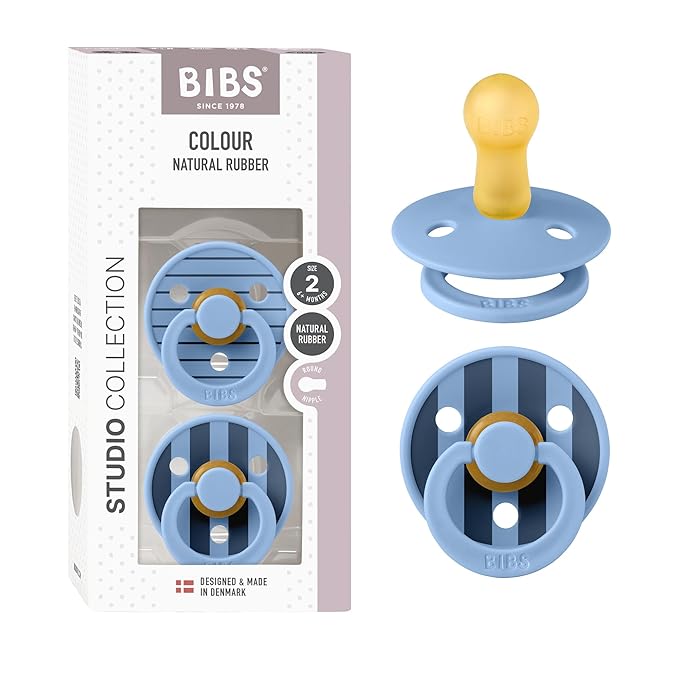 BIBS Pacifiers - Studio 2 Pack | Round Nipple Baby Pacifier | BPA Free Natural Rubber Latex Soother | Made in Denmark | Size 6+ Months | Pin Sky Blue