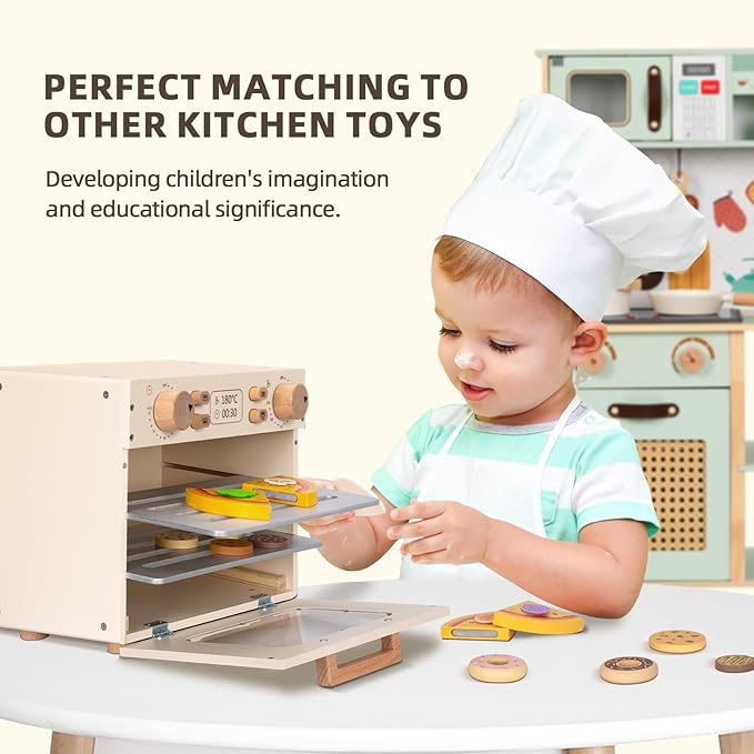 OOOK Wooden Kids Oven, Pretend Play Oven for Toddlers with DIY Stickers, Kitchen Play Set Accessories with Push-Pull Baking Tray. Ideal Choice for Boys and Girls Aged 3+