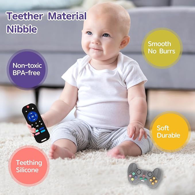 2 Pack Silicone Teethers for Babies 6-12 Months, Teething Toys for Babies 0-6 Months, Remote Teether for Baby, Sensory Toys for Babies,Toddler Infant Girl Boy Gifts