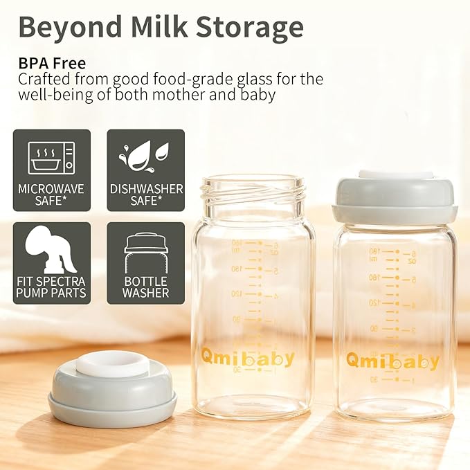 Glass Breastmilk Storage Bottles 180ml 6oz BPA-Free Leak-Proof Natural Baby Bottle for Breastmilk Storage Wide Neck Bottles with Screw Ring Sealing Disk Breastfeeding (Grey, 180ml-2Packs)