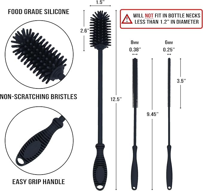 12.5" Silicone Bottle Brush & Straw Cleaner Brush Set | Water Bottle Cleaner for Hydro Flasks, Tumblers, Glassware, Vases and Narrow Neck Containers