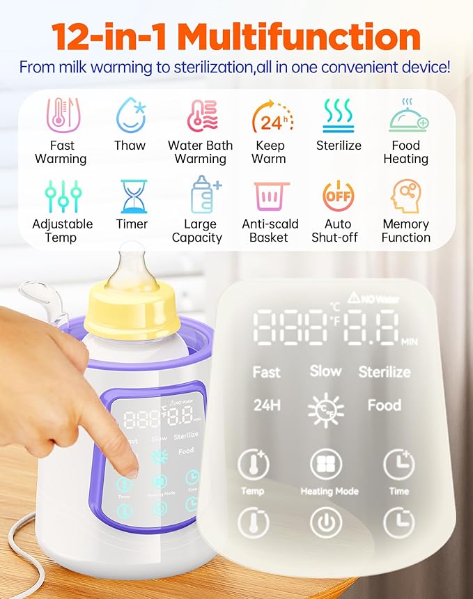 Fast Baby Bottle Warmer for Breastmilk, Smart 12 in 1 Breast Milk Warmer for Baby Essentials with Timer Temperature Control, Sterili-zing, Water Bath Technology, Baby Warmer for All Bottles Food Jars