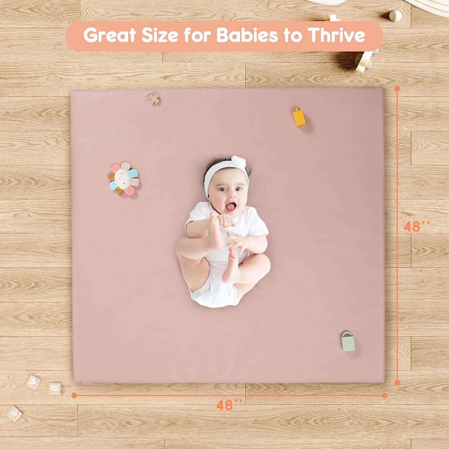 Padded Baby Play Mat, Super Soft Vegan Leather Floor Mat for Baby Girls and Boys, 48x48 Non-Slip Thick Foam Cushioned Play Mat for Babies 6-12 Months, Fits Nicely Into 50x50 Playpen Mat, Pink