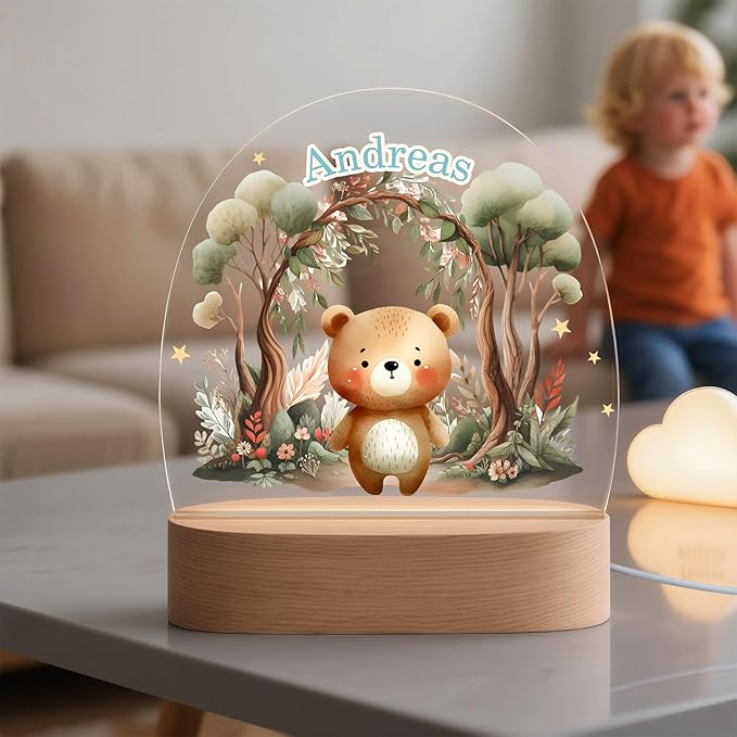 callie Acrylic Night Light Name Plate Personalized, Custom Cute Animal Dog Cat with Wooden Base Bedroom Decor, Birthday Gifts Kid Gifts for Family (Forest Animal)