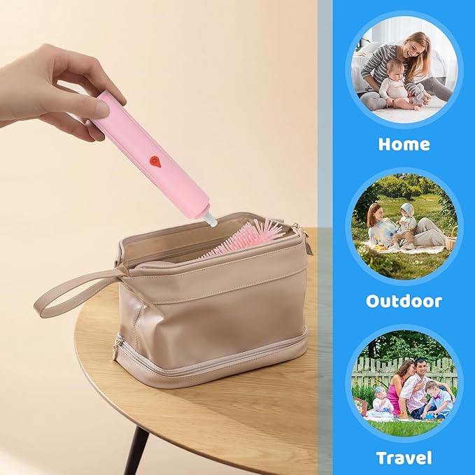 Electric Bottle Brush Cleaner, Bottle Brush Cleaner Baby with Nipple/Straw Cleaner Brush and Replaceable Silicone Bottle Brush, Waterproof Electric Bottle Cleaner, 2 Modes & 360° Rotation, Pink