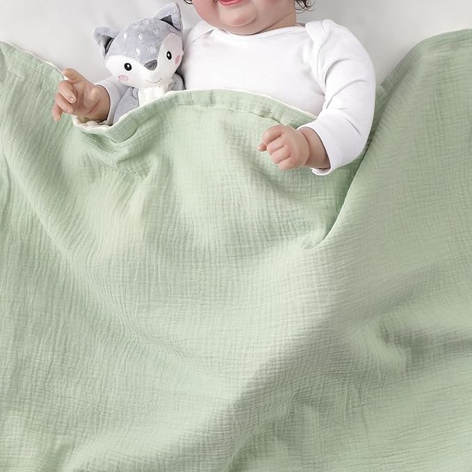 CREVENT 30''X40'' Organic Muslin Cotton Baby Blanket for Newborns, Soft Mink Backing, Essential for Baby Shower Birthday Gift - Green 75X100cm