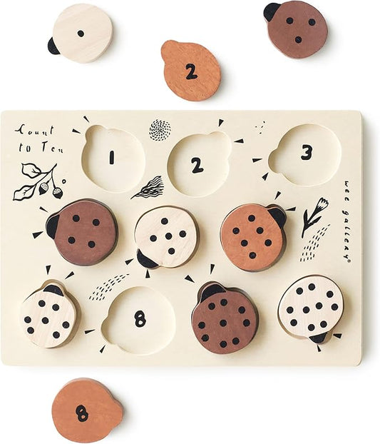 Wee Gallery Wooden Tray Puzzle Count to Ten Ladybugs, Montessori Toy for Toddlers and Preschoolers for Early Learning and Fine Motor Skill Development, Sustainable Educational Puzzle for Kids