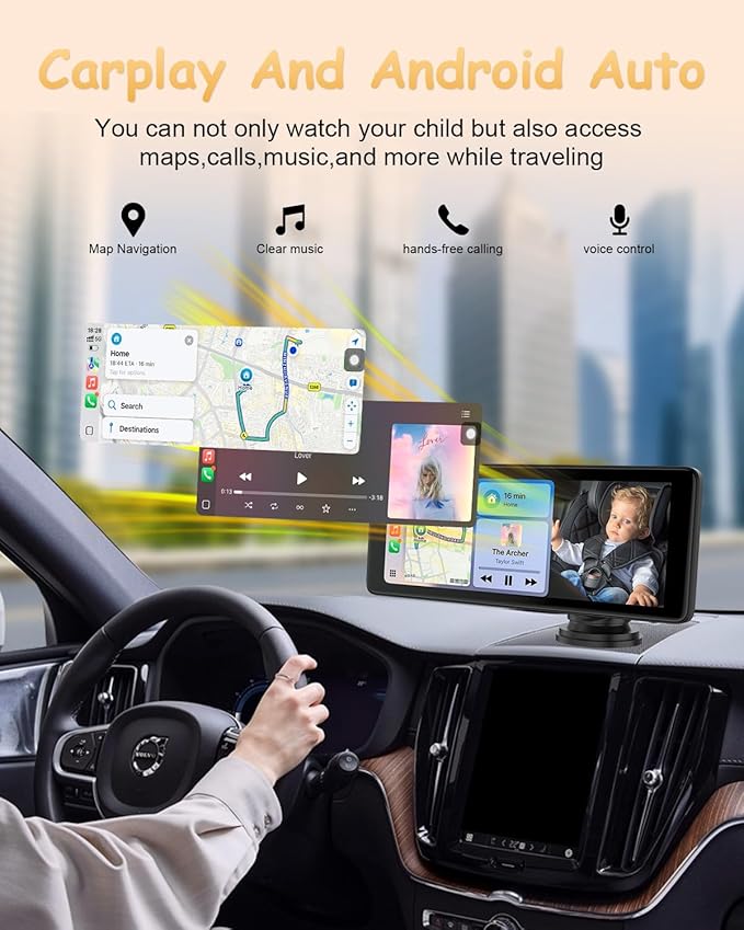25HOURS YJ1 Baby Car Camera - 6.86" HD Car Baby Monitor Touchscreen with Apple CarPlay, 1080p Ultra IR Night Vision, 150° Wide Angle, Split Screen, 3X Zoom, GPS Navigation,FM,Siri, Plug-and-Play