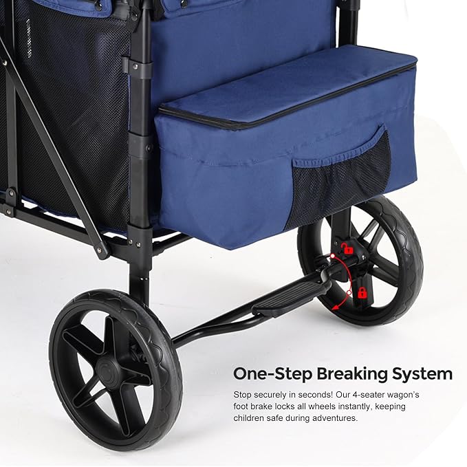 Elite 4-Seater Wagon Stroller for 2-4 Kids, One-Hand Fold, High Seats with 5 Point Harness, Adjustable Handle & Canopy, Blue