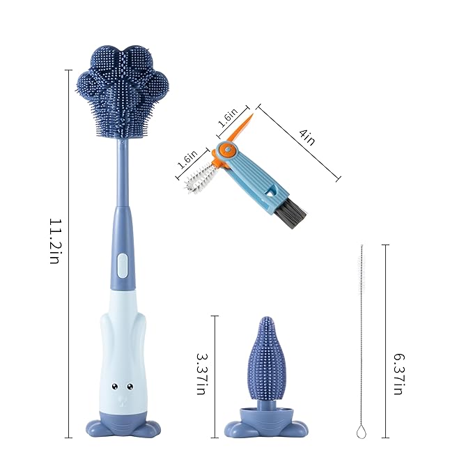 Chemimoso Cup Cleaning Brush, Silicone Baby Bottle Brush with Stand, Large Handle Water Bottle Brush Cleaner Set, with a Tiny Cup Lid Gap Cleaning Brushes Kit, Pawprint, Blue