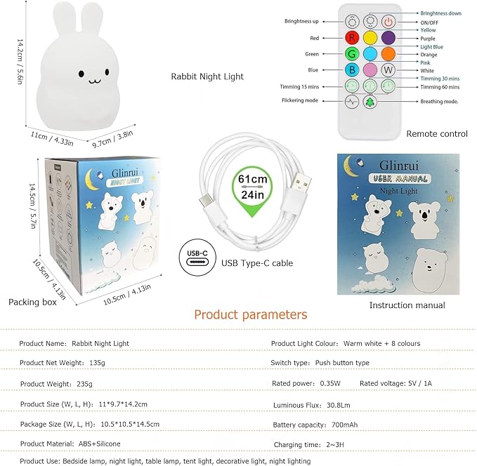 Rabbit Night Lights for Kids, Babies Nursery Lamp, Kids lamp, Child Bedroom Bedside Lamp, Changeable Brightness & Color Children's Table Night-Lights, Holiday Gifts, Child Gift - Medium