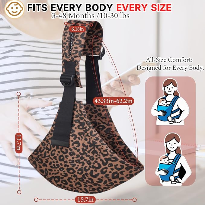 Baby Sling Carrier Adjustable Baby Sling 2025 Upgraded Toddler Sling Comfortable Baby Wrap Carriers Ergonomic-Designed, Travel Friendly Carrying 10-45 LbsLeopard