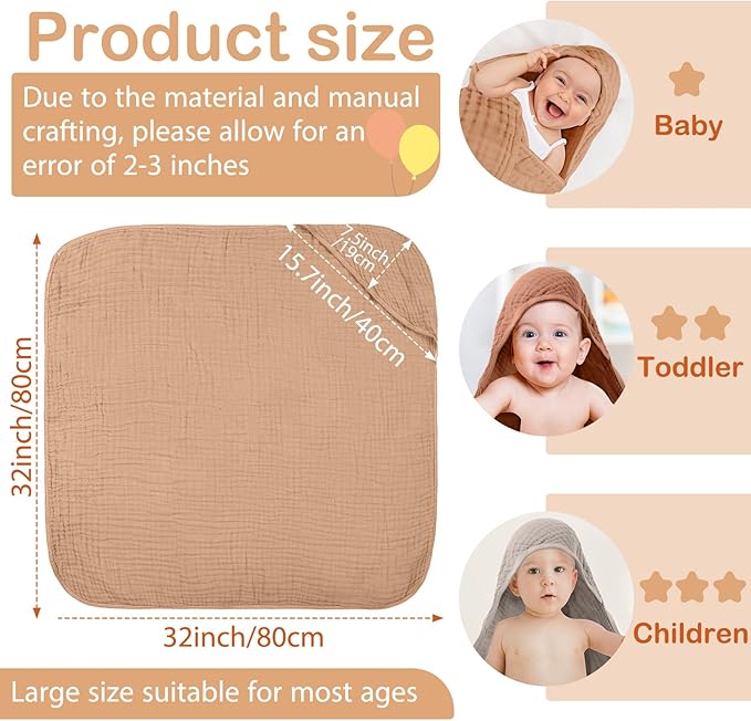 Peryiter 4 Pcs Muslin Hooded Baby Towels, 32"x 32" Cotton Newborn Bath Towel Muslin Infant Baby Blankets Absorbent Unisex Christmas Registry Gift Essentials for Girls Boys (Brown Series)