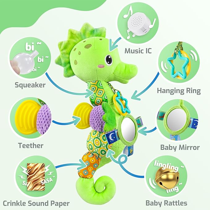 LIGHTDESIRE Baby Toys Musical Seahorse Stuffed Animals Infant Toys 0-6-12 Months with Mirror|Rattles|Crinkle|Baby Teething Toys,Sensory Toys for Tummy Time Newborn Boys Girls Gifts(Lime Green)