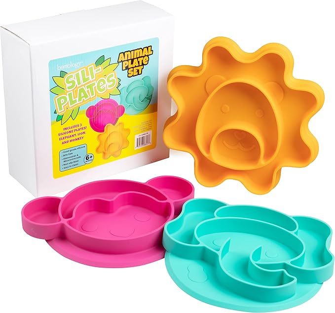 Animal Silicone Compartment Plates- 3 PK Lion, Monkey, Elephant- Large Divided Sections for Easy Grabbing Baby Food Training, Non-Slip Unbreakable Material, Flexible Shapes for Toddlers, Kids-BPA Free