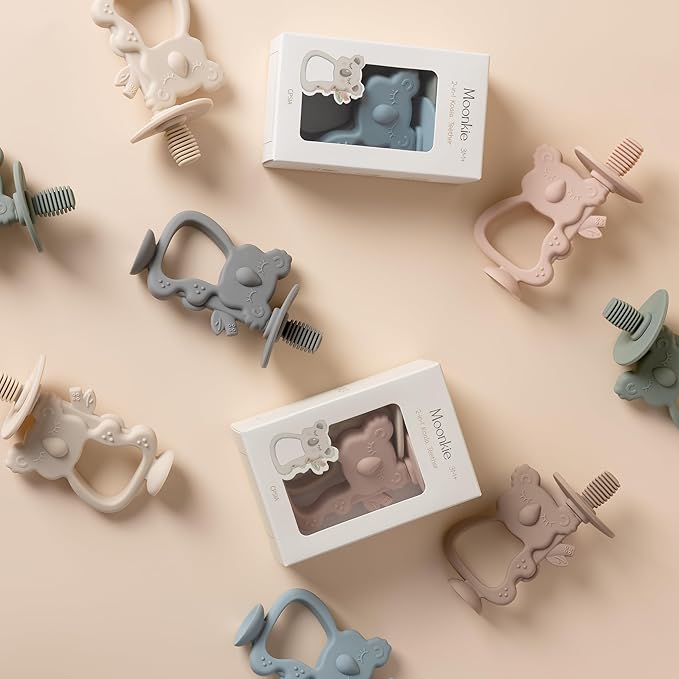 Moonkie Teething Toy Set of 2, Safe & Easy to Hold BPA Free Silicone Teethers, 360° Baby Toothbrush with Suction Base, Teether Toys Best for Babies 6-12 Months (Koala Blush/Shifting Sand)