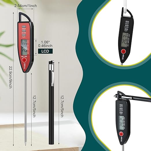 10 Set Waterproof Food Thermometer for Water, Liquid, Candle and Cooking Digital Meat Thermometer with Long Probe Instant Read for Kitchen BBQ Grill Candy (Black)