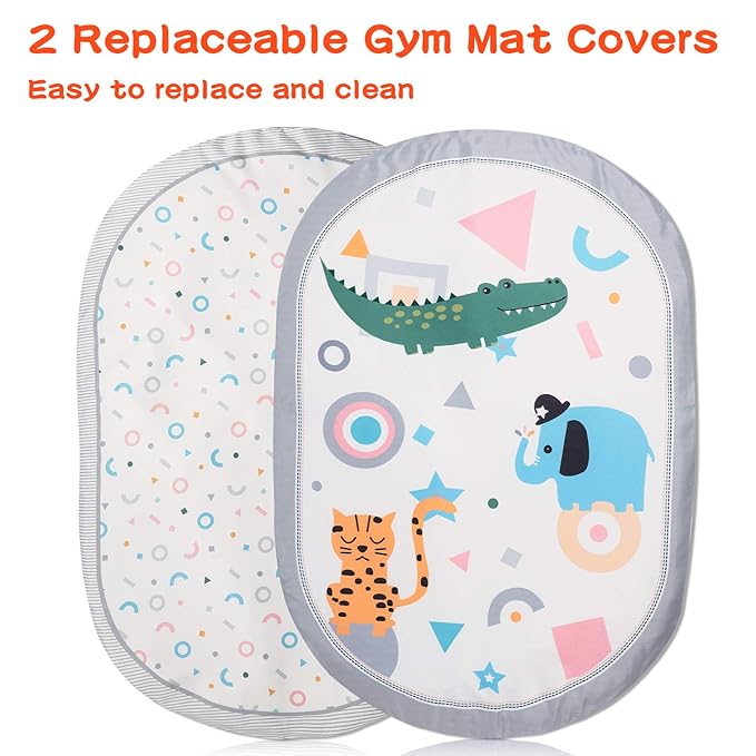 Lupantte 7-in-1 Baby Play Gym Mat with 2 Washable Covers, Infant Activity Mat with 6 Sensory Toys for Visual, Hearing & Cognitive Development, Thick Non-Slip Playmat for Babies & Toddlers