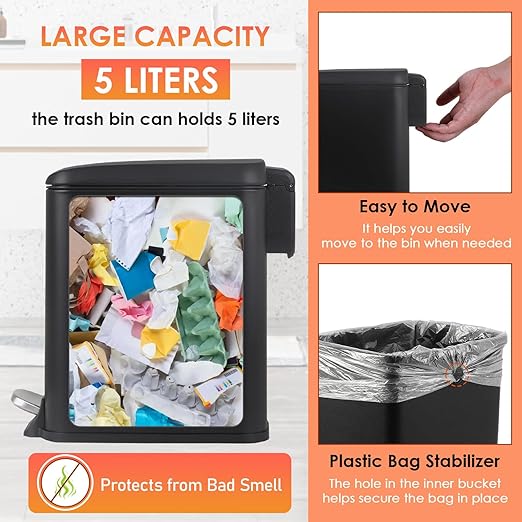 PayLessHere Slim Trash Can, 1.3 Gallon Bathroom Trash Can with Lid, Small Black Stainless Steel Waste Bin with Removable Inner Bucket for Home, Office, Restroom (5Liter)