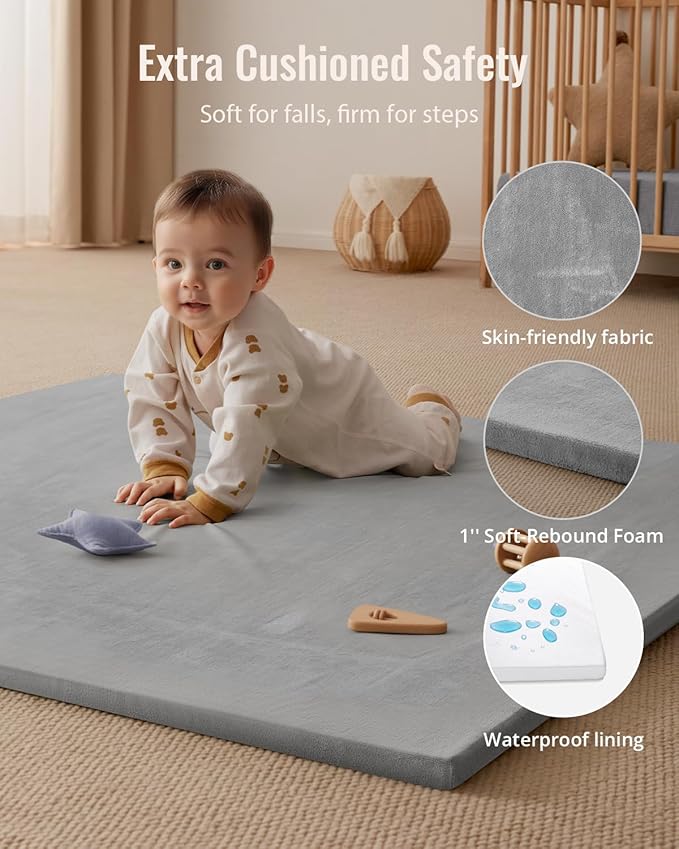 Blissful Diary Ultra Soft Baby Play Mat, 50x50 Floor Mat with Removable & Washable Slip-On Cover for Babies and Toddlers Infants, Light Grey