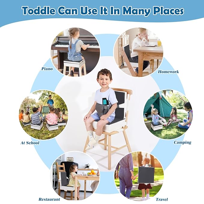 Toddler Booster Seat for Dining Table Kitchen Chair, Waterproof Non-Slip with Backrest & Adjustable Straps, Portable PU Travel Baby Kids Booster Seat Cushion