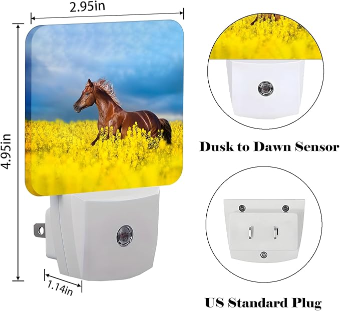 Bay Horse On Rape Field Night Light,Plug-in Night Lights with Dusk to Dawn Sensor for Stairway,Hallway,Bedroom Sleep Friendly Ideal for Women/Girls/Boys Gift,0.5w