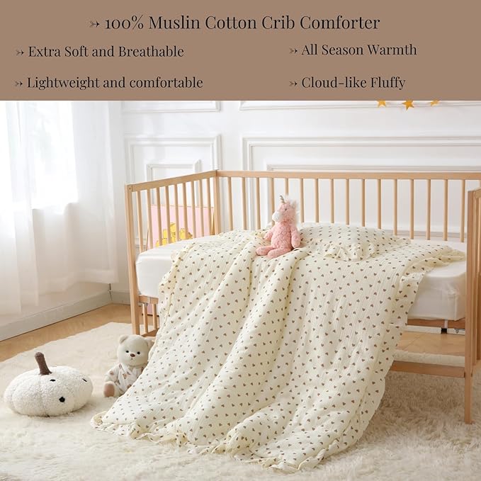100% Cotton Muslin Crib Comforter/Quilt,Ultra Soft Cozy Reversible Baby Blanket,All Season Toddler Blankets for Boys and Girls, Machine Washable,41"x48"